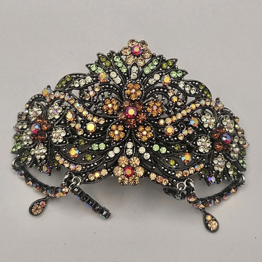 Vtg Metal Hair Barrette Clip Ornate Floral Colorful Rhinestones Artist Signed